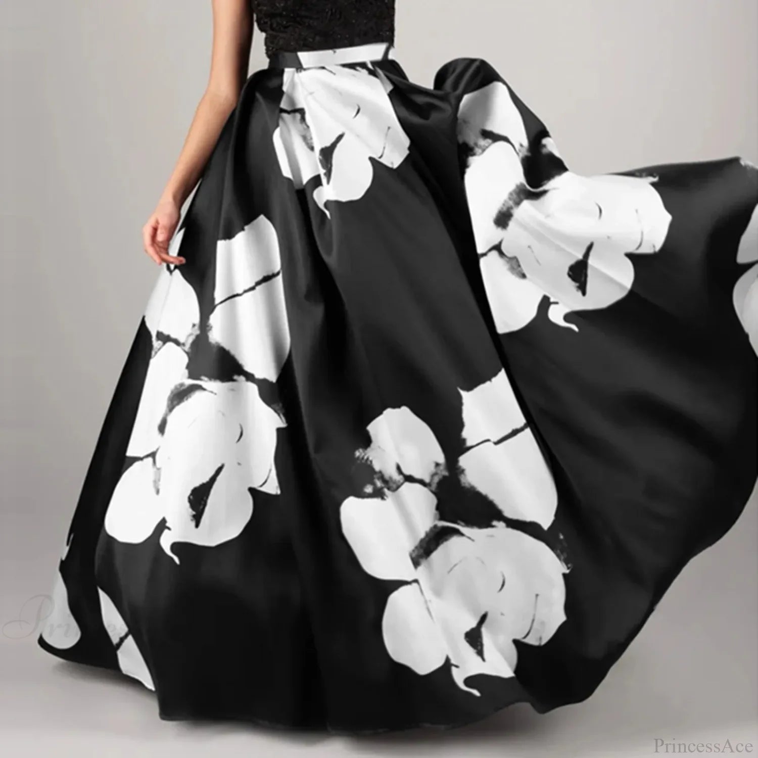 Big Flower Printed A-Line High Waist Long Maxi Skirt Black2 / S skirt-250126