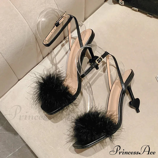 Big-Size 42 Sexy Ankle-Strap Strange High-Heels Fluffy-Feather Sandals Gladiator Square-Toe Party