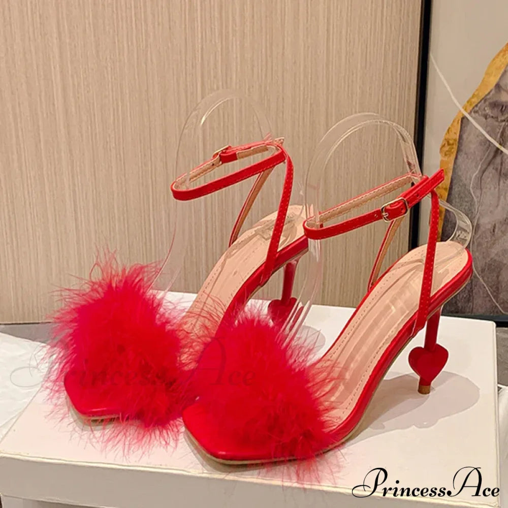 Big-Size 42 Sexy Ankle-Strap Strange High-Heels Fluffy-Feather Sandals Gladiator Square-Toe Party