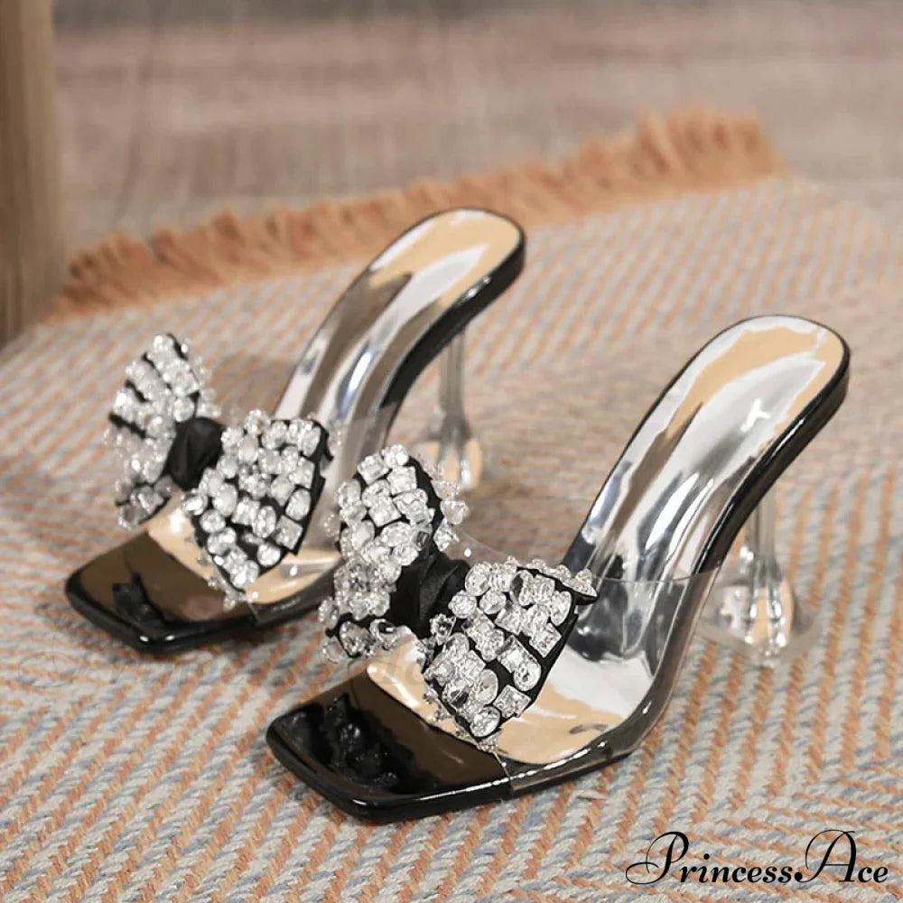 Big Size Clear Modern Slippers Sexy Crystal Bowknot Square Toe Transparent Sandals High Heel