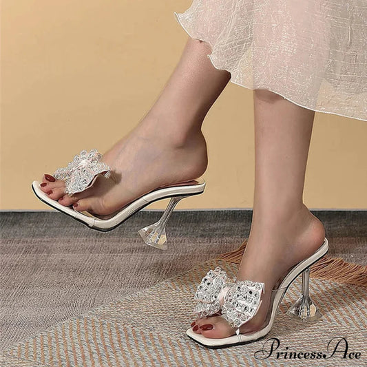 Big Size Clear Modern Slippers Sexy Crystal Bowknot Square Toe Transparent Sandals High Heel