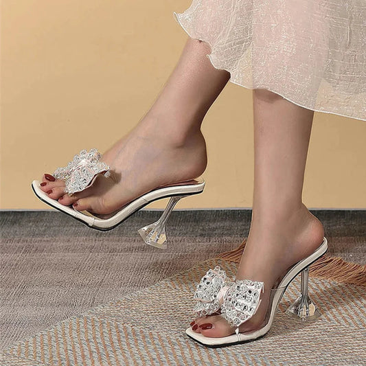 Big Size Clear Modern Slippers Sexy Crystal Bowknot Square Toe Transparent Sandals High Heel