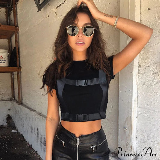 Biker High Neck Zip Front Long Sleeve Vibrant Cutout Mesh Buckled Crop Top - Black S / Tops