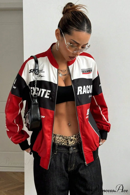 Biker Zip Letter Contrast Long Sleeve Coat