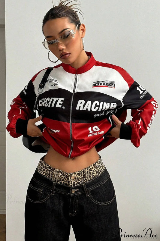 Biker Zip Letter Contrast Long Sleeve Coat Red / XS