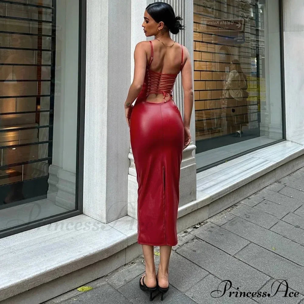 Birthday Party Bandage Dresses Summer Solid Sleeveless Backless Elegant Sexy Christmas Dress Red /