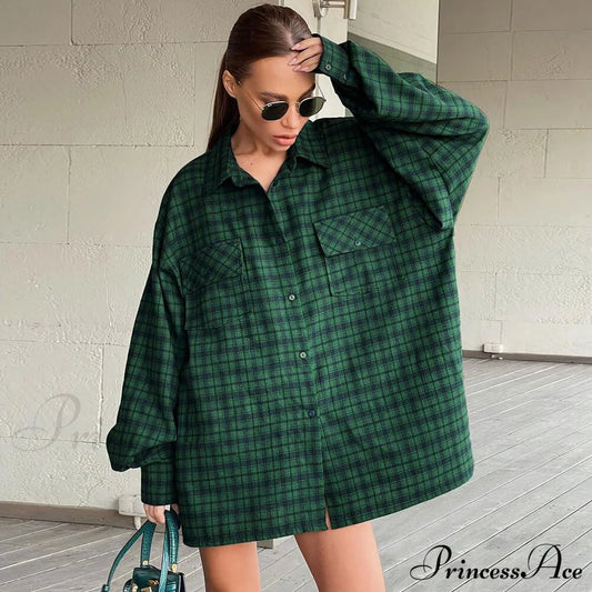 Bishop Sleeve Pointed Trendy Collar Shirt - Brown S / Emerald Green Blouses