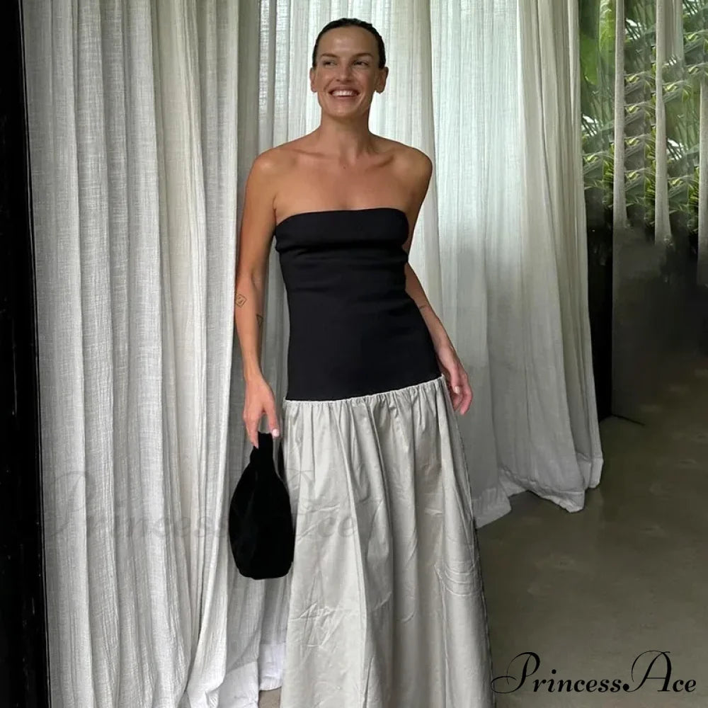 Black And White Charming Colorblock Tube Maxi Dress Open Shoulder Midi