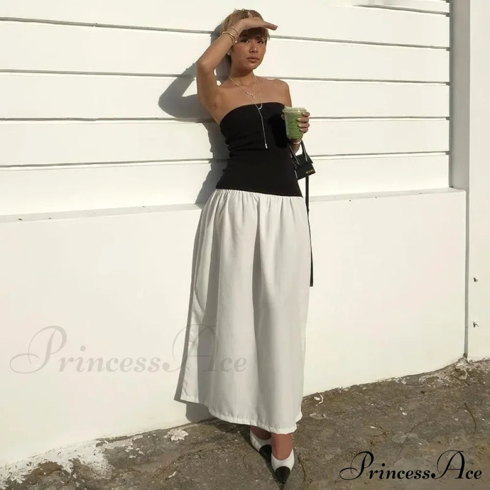 Black And White Charming Colorblock Tube Maxi Dress Open Shoulder Midi