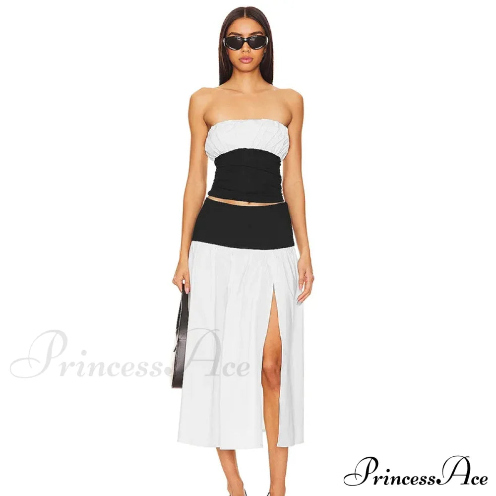 Black And White Patchwork Tube Trendy Top And Slit Long Skirt Set Co-Ord