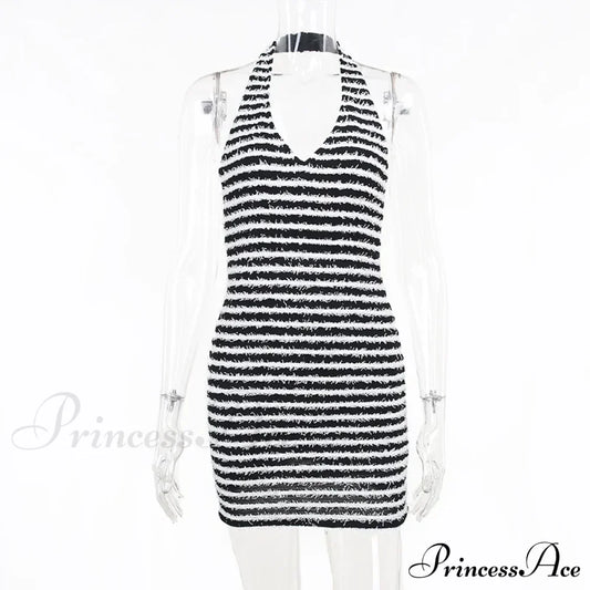 Black And White Striped Knitted Vacation Deep V Halter Bodycon Dress Multi / S