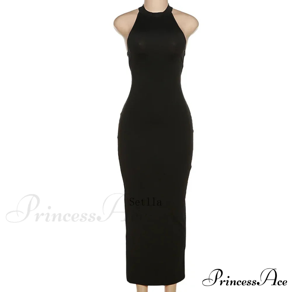 Black Backless Halter Elegant Bandage Maxi Dress