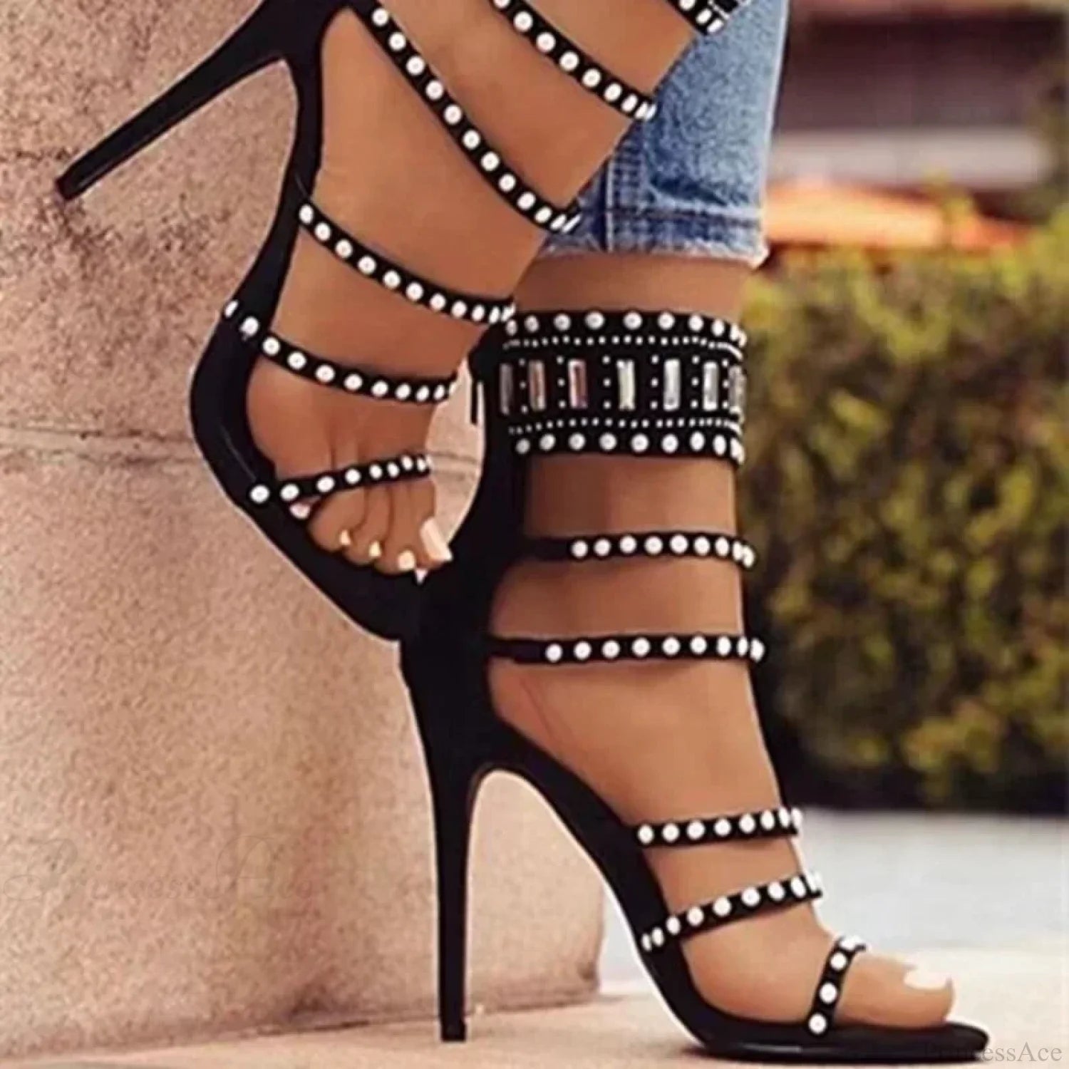 Black Beige Gladiator Sexy Peep Toe Diamond Pearl Ankle Band Zipper Cover Heels High Heel