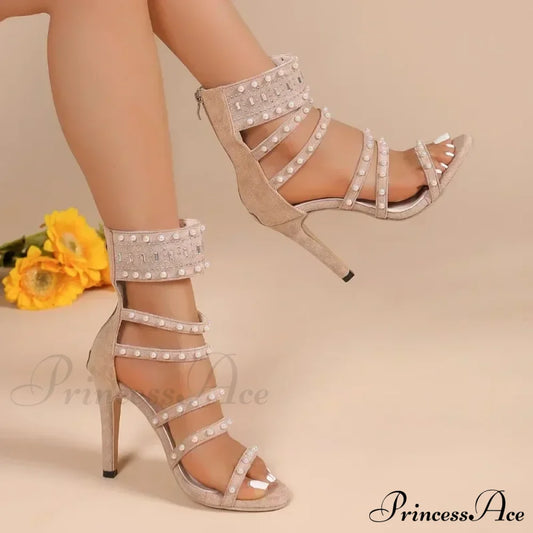 Black Beige Gladiator Sexy Peep Toe Diamond Pearl Ankle Band Zipper Cover Heels High Heel / 35