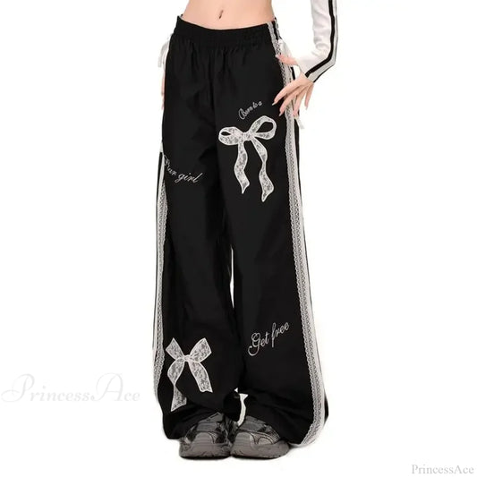 Black Bow Lace Y2K Women Vintage Pants Black / S