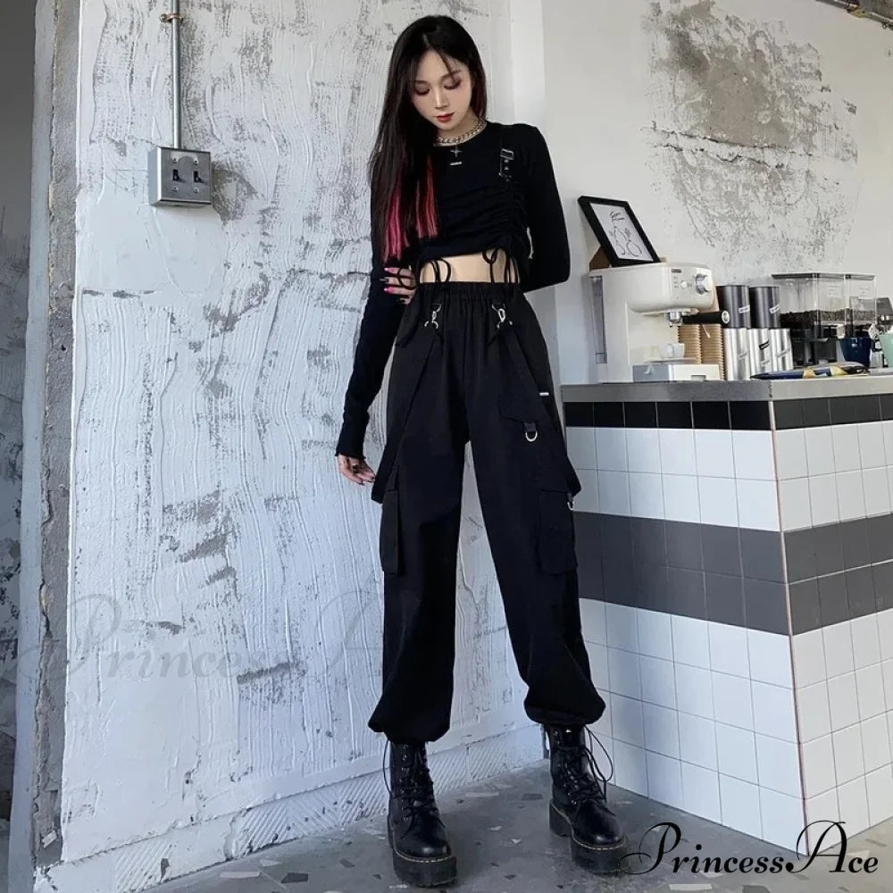 Black Cargo Pants Women Streetwear Gothic High Waist Techwear Halloween