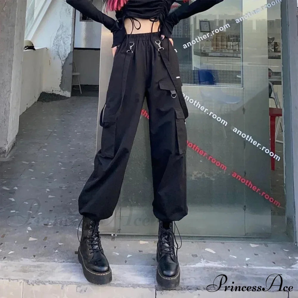 Black Cargo Pants Women Streetwear Gothic High Waist Techwear Halloween