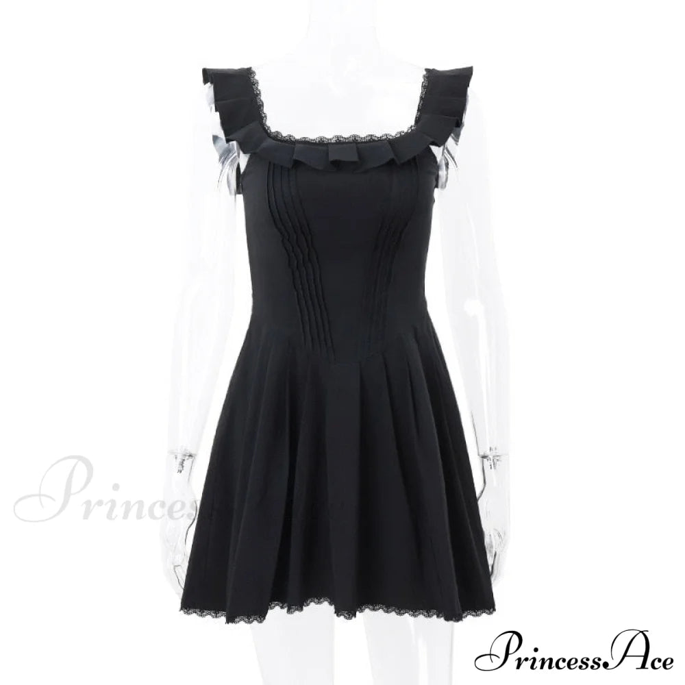 Black Corset Square Neck Graceful Frill Strap Mini Dress