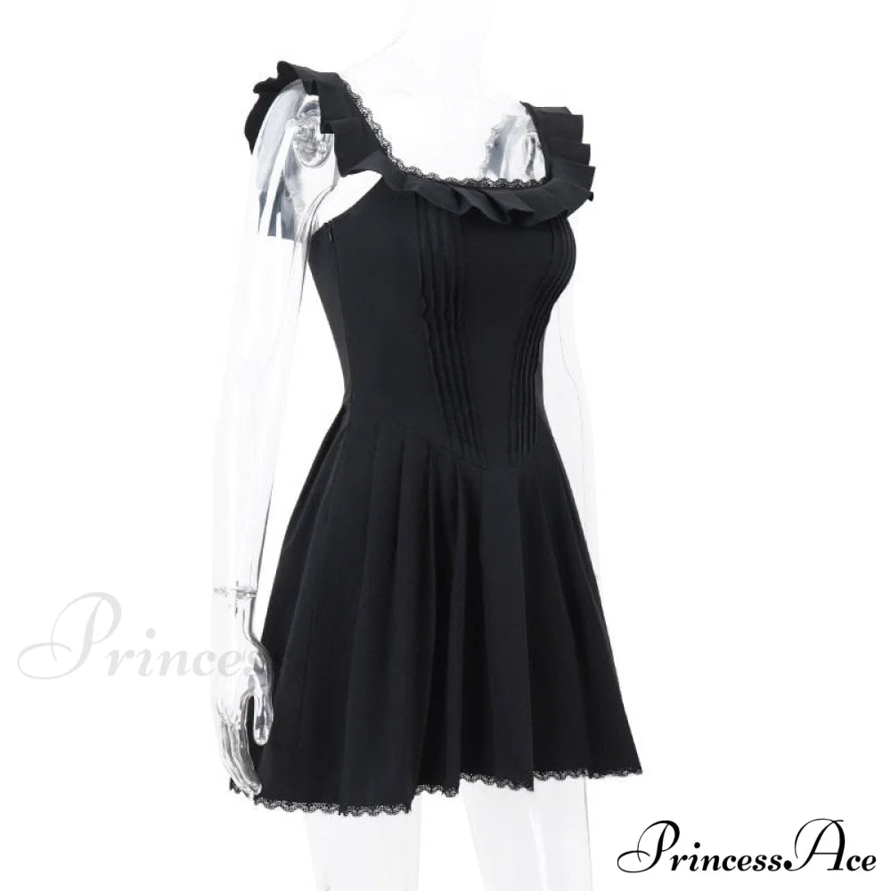 Black Corset Square Neck Graceful Frill Strap Mini Dress