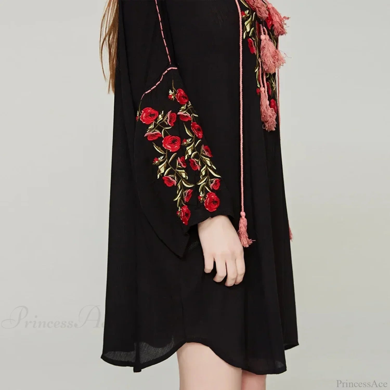 Black Cotton Rayon Floral Embroidery Beach Dress bohodress-250126