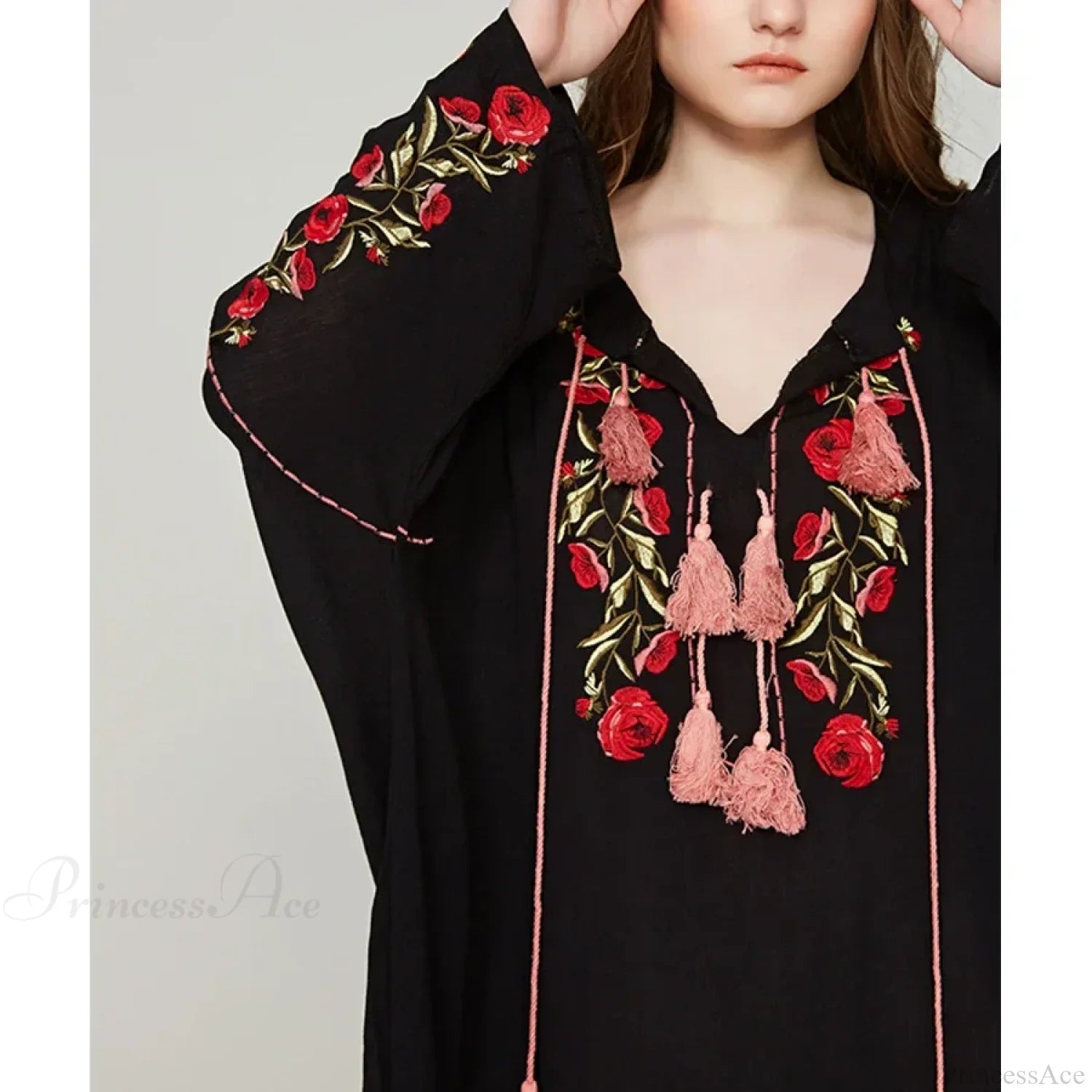 Black Cotton Rayon Floral Embroidery Beach Dress bohodress-250126