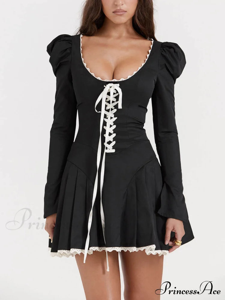 Black&Cream Pleated Stylish Mini Dress Dresses