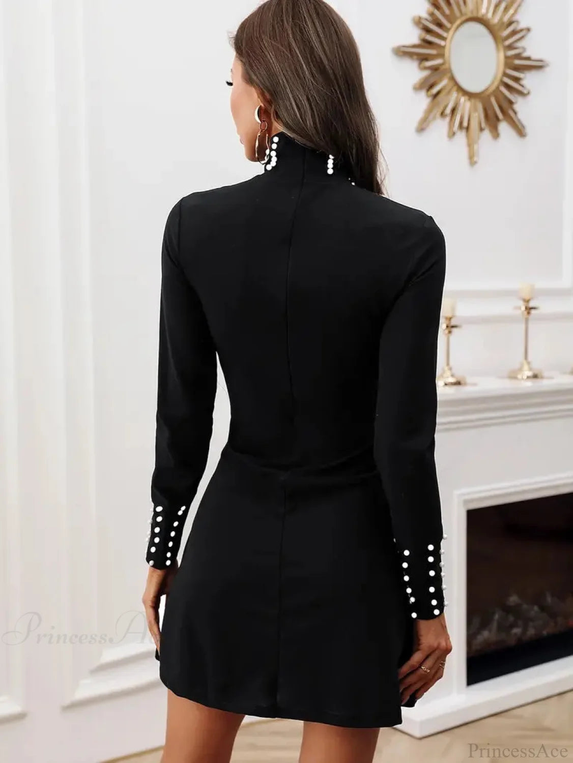 Black Crew Neck Long Sleeve Dress Black High Neck Winter Dress