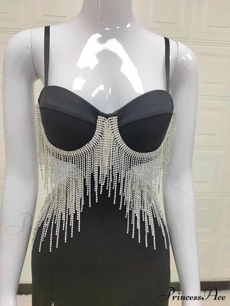 Black Cupped Cut-Out Charming Rhinestone Tassel Maxi Dress