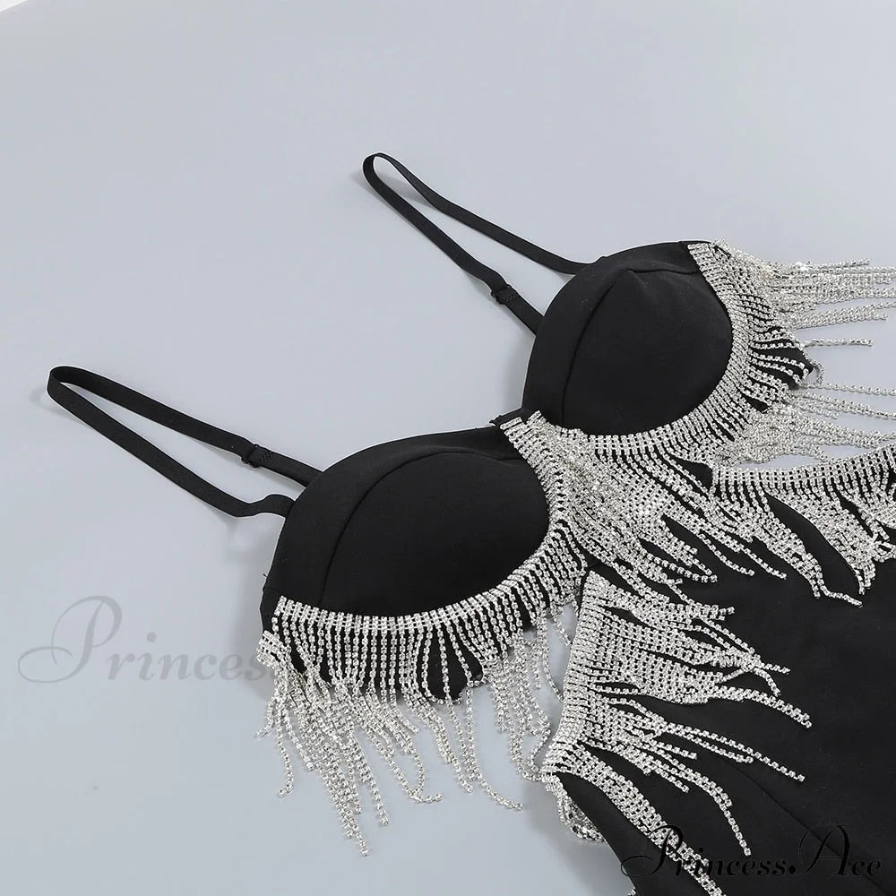 Black Cupped Cut-Out Charming Rhinestone Tassel Maxi Dress