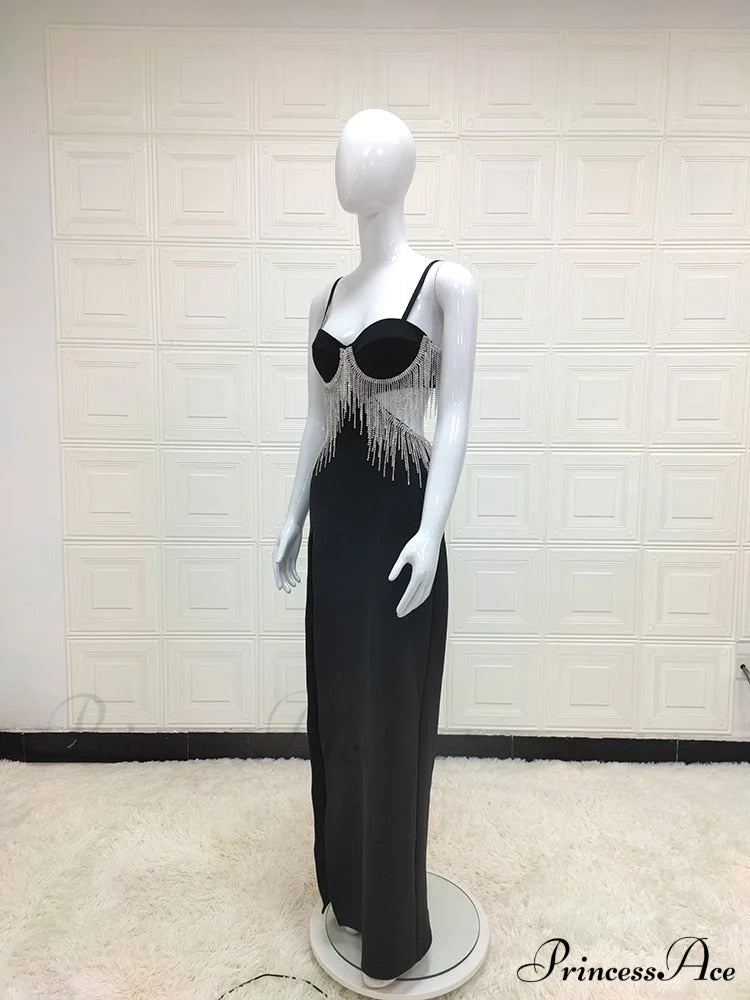 Black Cupped Cut-Out Charming Rhinestone Tassel Maxi Dress