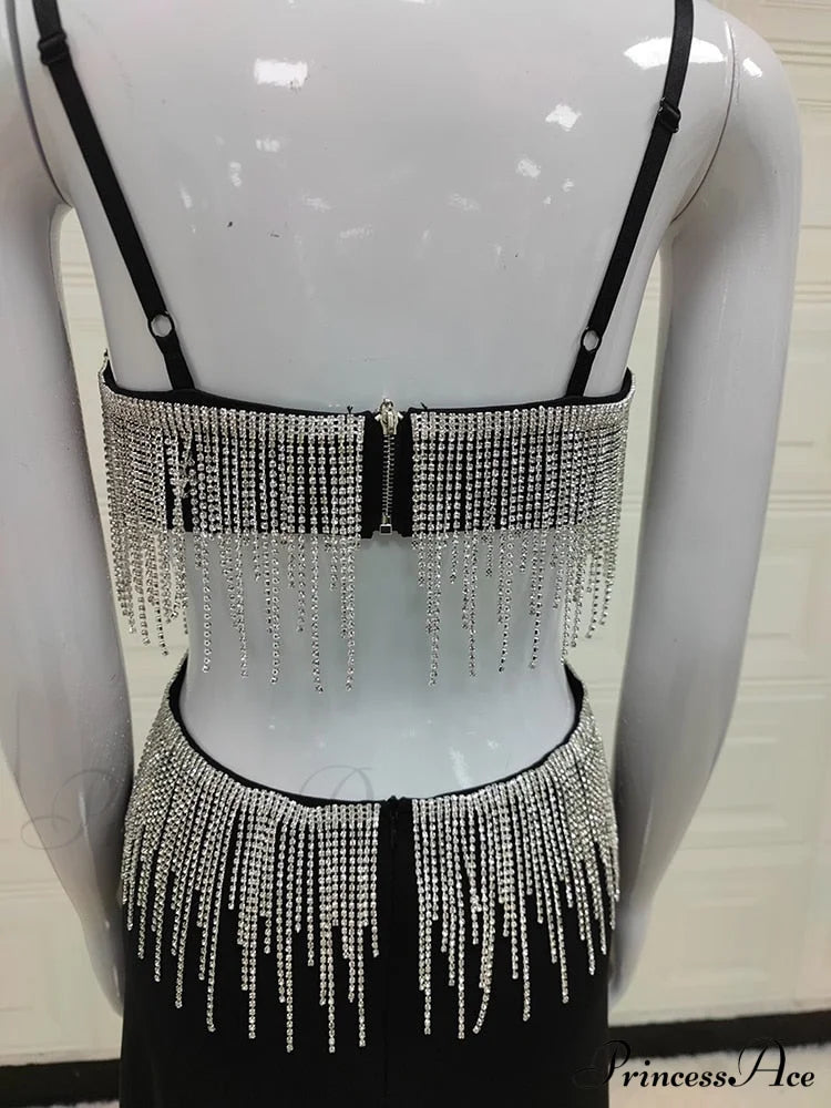 Black Cupped Cut-Out Charming Rhinestone Tassel Maxi Dress