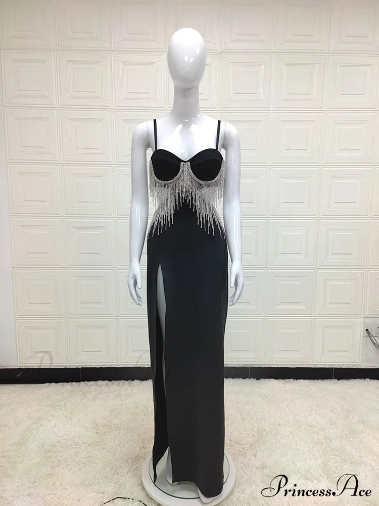 Black Cupped Cut-Out Charming Rhinestone Tassel Maxi Dress