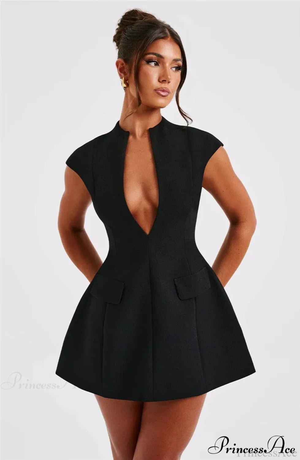 Black Deep Neck Short Graceful Sleeve Solid Mini Dress