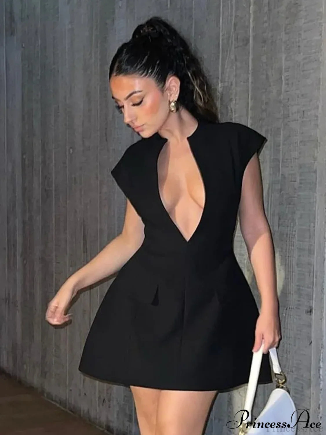 Black Deep Neck Short Graceful Sleeve Solid Mini Dress