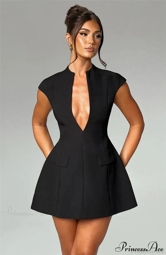 Black Deep Neck Short Graceful Sleeve Solid Mini Dress