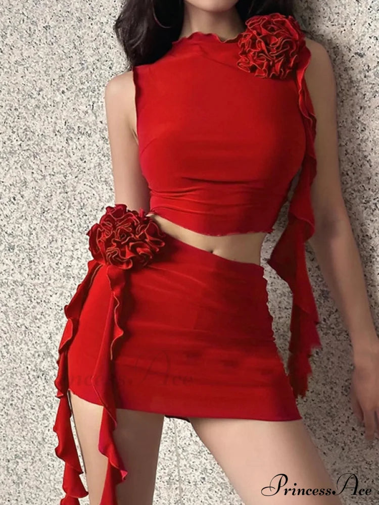 Black Distressed Knit Trendy Two Piece Set Red / S Two-Piece Outfits
