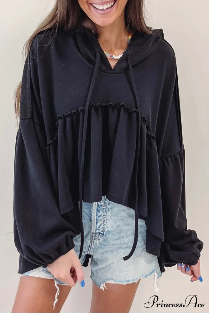 Black Oversized Ruffled High Low Hem Drop Shoulder Hoodie Black 63%Polyester+37%Cotton All In Stock clothes long sleeve top Occasion Daily Print Solid Color Season Spring Style Casual sweater sweaters top tops