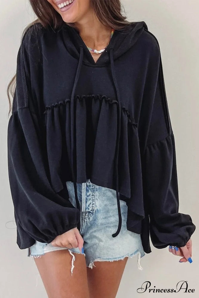 Black Drop Ruffled Oversized High Low Hem Shoulder Hoodie Sweaters-L