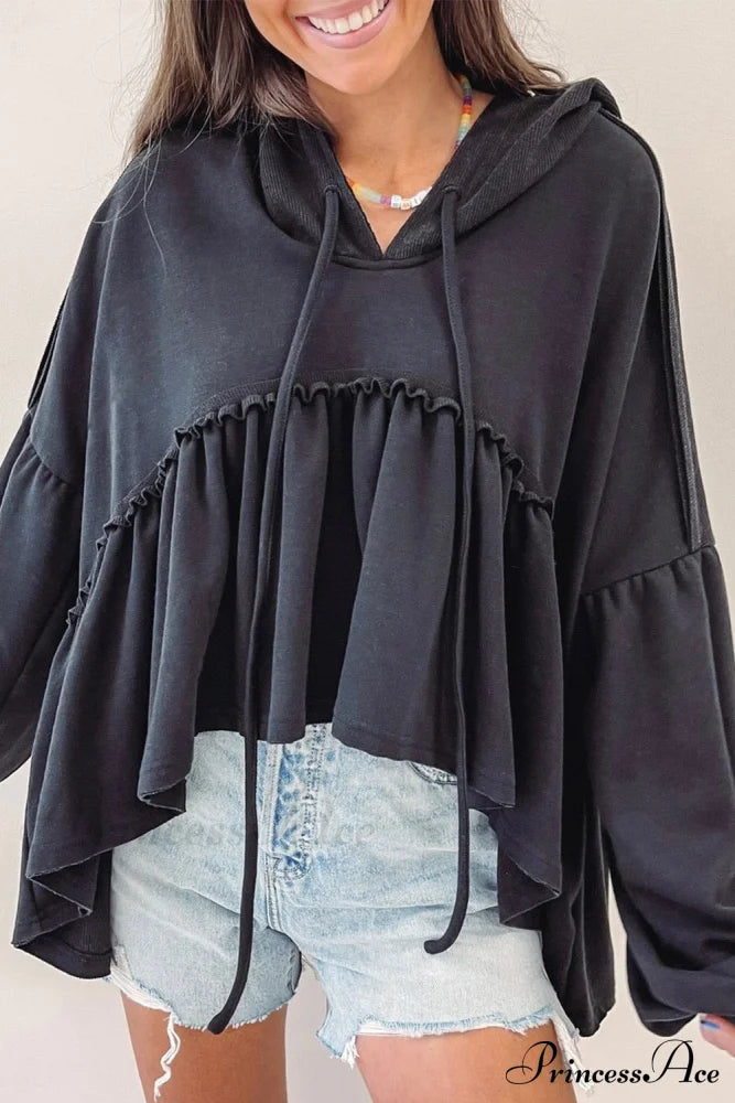 Black Drop Ruffled Oversized High Low Hem Shoulder Hoodie Sweaters-L