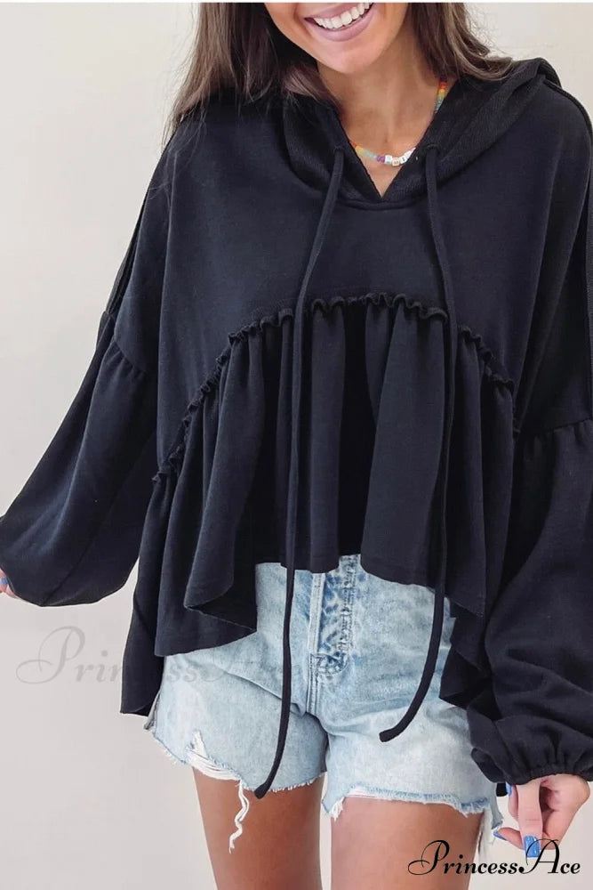 Black Drop Ruffled Oversized High Low Hem Shoulder Hoodie Sweaters-L