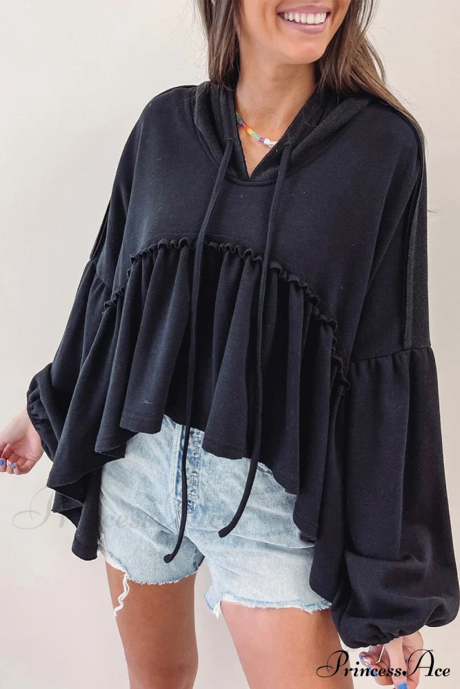 Black Drop Ruffled Oversized High Low Hem Shoulder Hoodie Sweaters-L