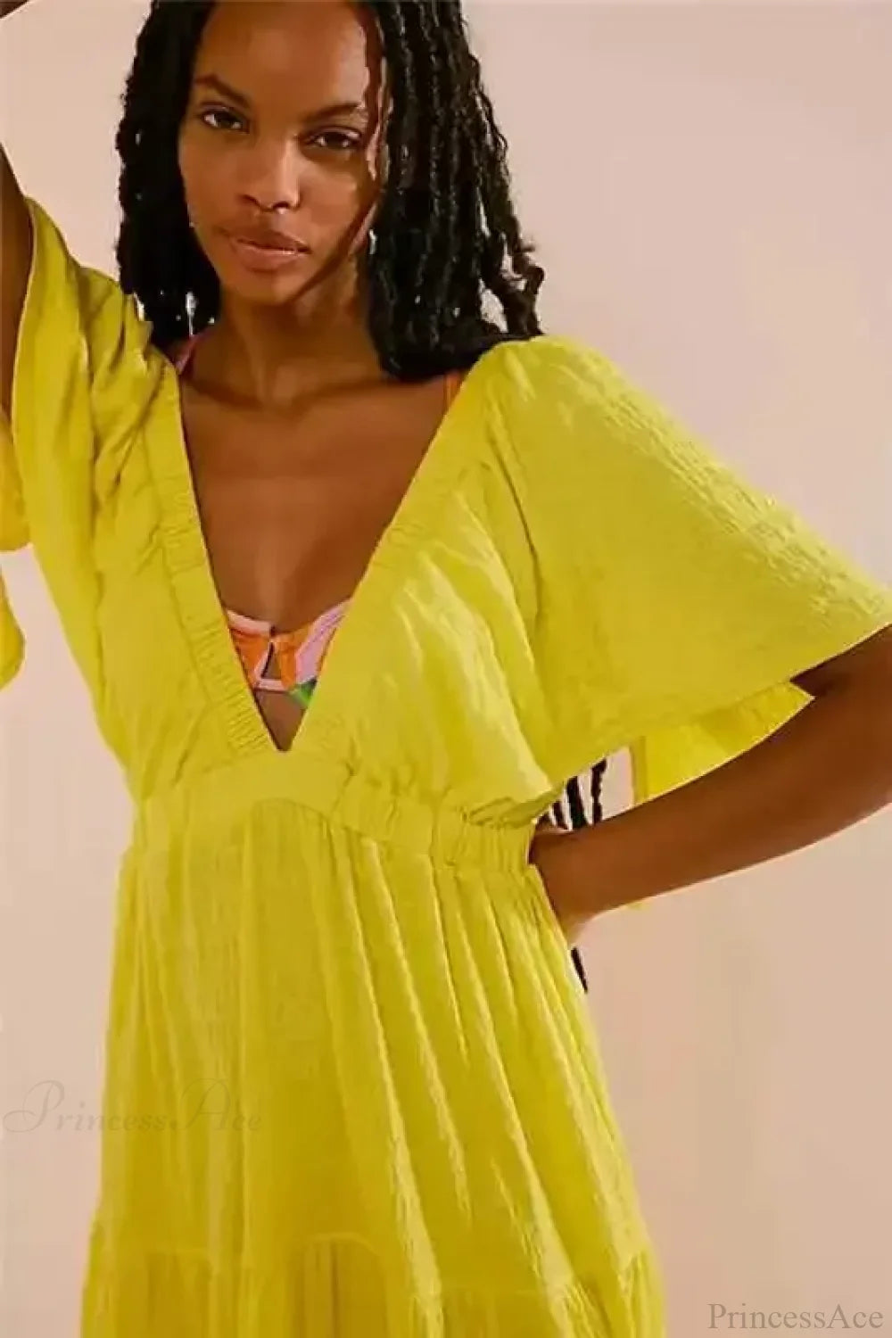 Black Embroidery Round Neck Flare Boho Dress fluorescent yellow / S bohodress-250126