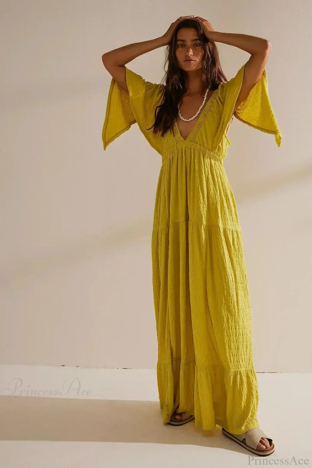 Black Embroidery Round Neck Flare Boho Dress Lemon yellow / S bohodress-250126