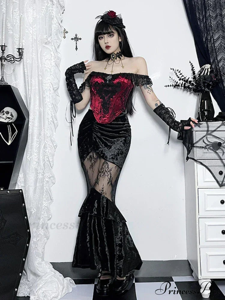 Black Fairy Grunge Women Gothic Velvet Lace Stitching Fall Sexy Fishtail Skirt Halloween