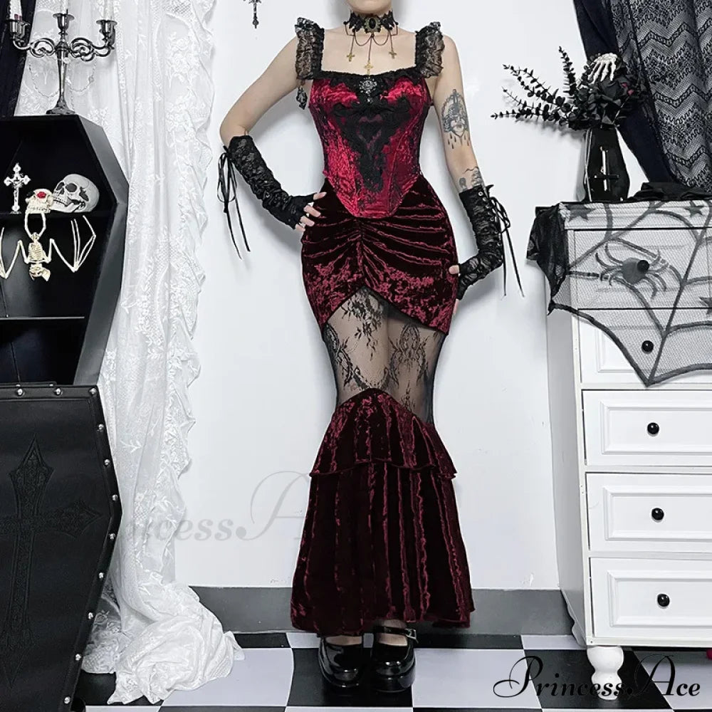 Black Fairy Grunge Women Gothic Velvet Lace Stitching Fall Sexy Fishtail Skirt Halloween