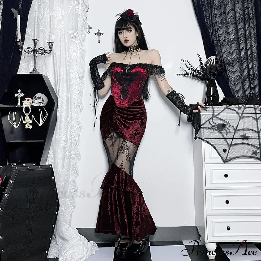 Black Fairy Grunge Women Gothic Velvet Lace Stitching Fall Sexy Fishtail Skirt Black / S Halloween