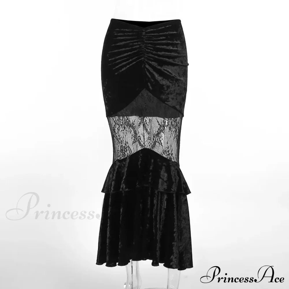 Black Fairy Grunge Women Gothic Velvet Lace Stitching Fall Sexy Fishtail Skirt / S Halloween