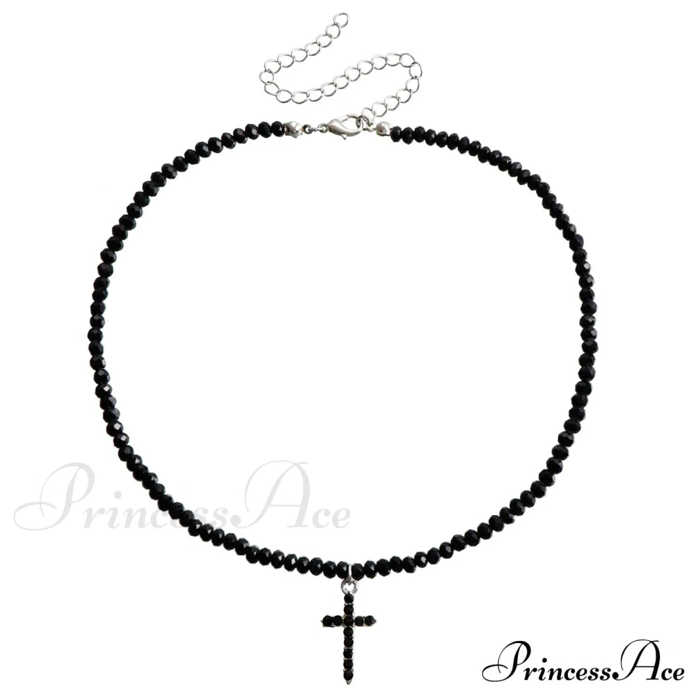 Black Faux Crystal Simple Cross Choker Necklace Steel Halloween