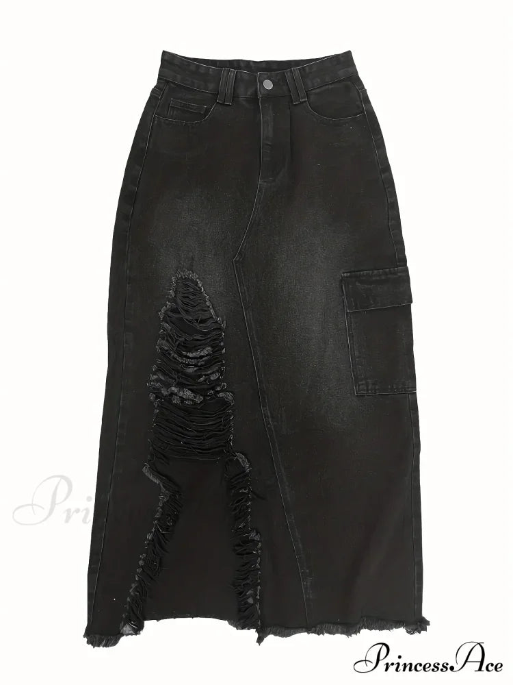 Black Flap Pockets Denim Midi Skirt Raw Hem Distressed Washed Cargo Jean