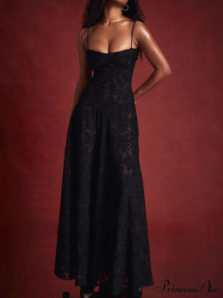 Black Floral Lace Charming Back Maxi Dress Dresses